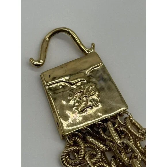 Vintage Karl Lagerfeld Gold Tone Multi Strand Chain Purse Shaped Clasp Necklace